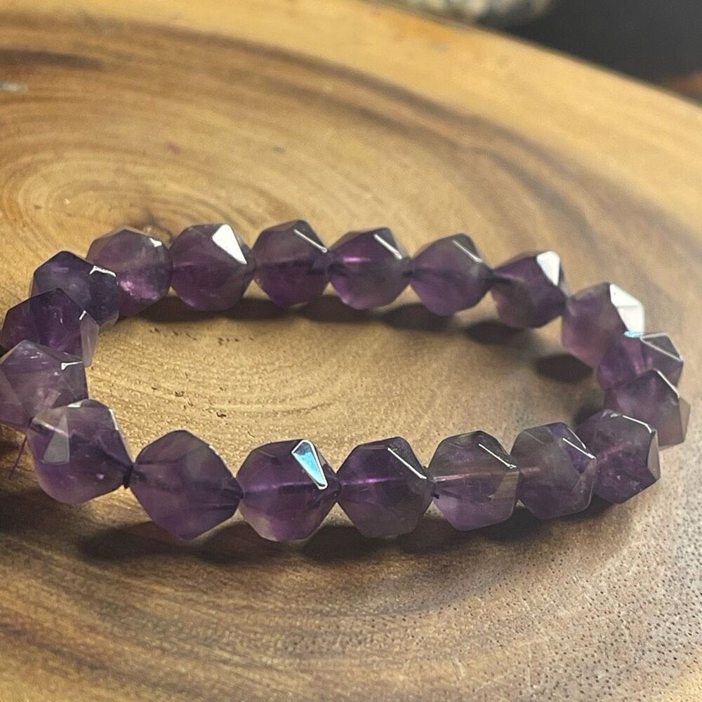 Amethyst purple diamond stretch beaded bracelet 7” crystal healing beads 8mm ONE - Picture 3 of 8